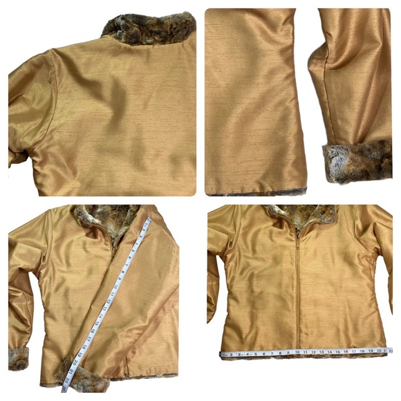 Boutique - Reversible Shantung Taffeta Brilliant Gold Ultra-Soft Faux Fur Coat M - Picture 12 of 16